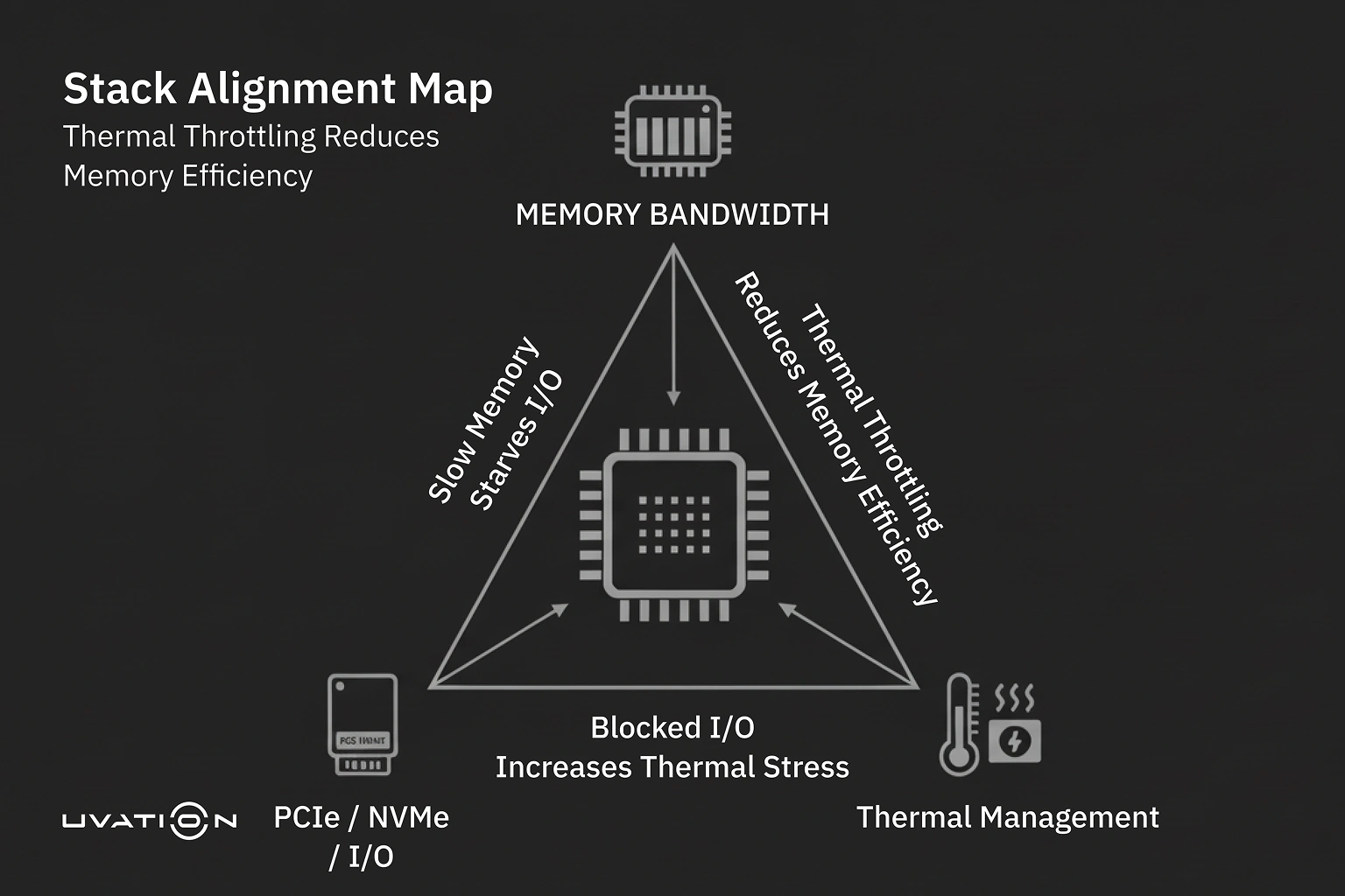 Diagram of a choked AI pipeline where GenAI responses are constrained by memory bandwidth limits, PCIe/I-O congestion, HBM3e pressure, and thermal throttling.