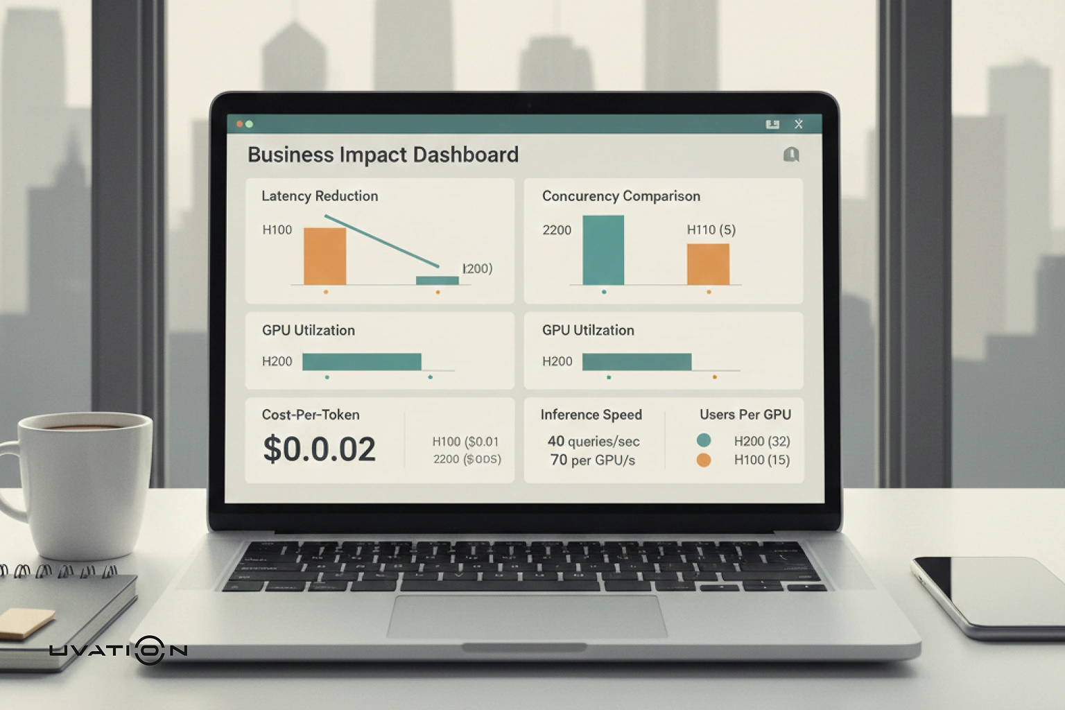 Business impact dashboard illustrating latency reduction, GPU utilization, concurrency, inference speed, and cost-per-token for H100 vs H200 GPUs.