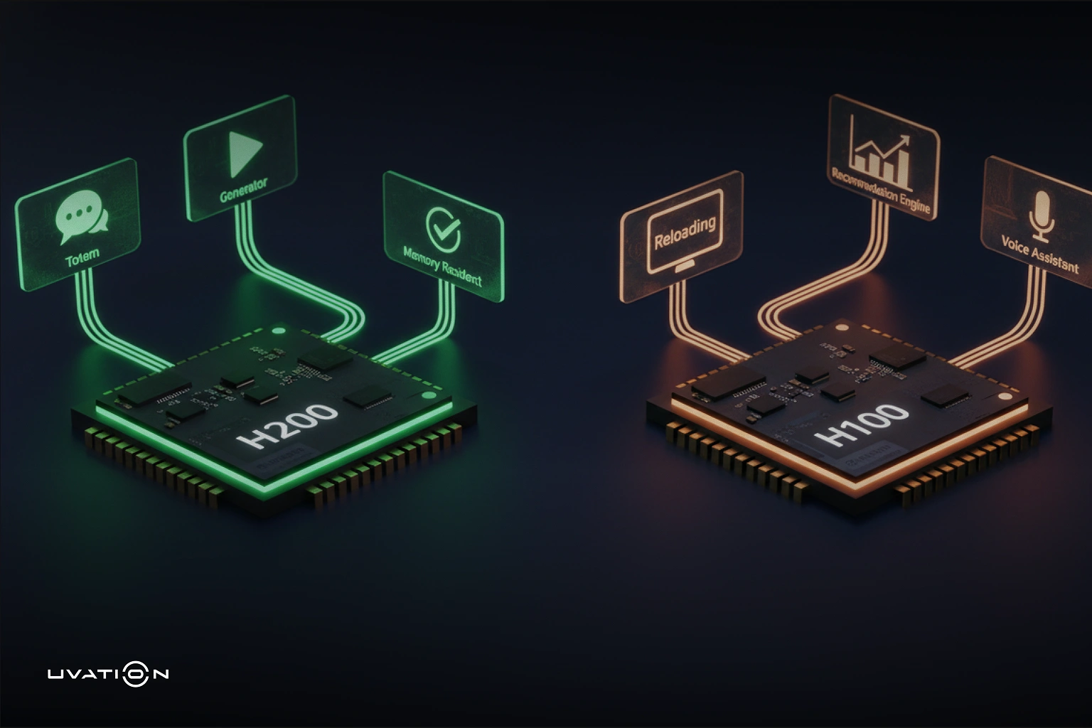 Side-by-side chip-level visualization comparing NVIDIA H100 and H200 for multi-tenant inference, showing memory-resident execution versus reload-based processing.