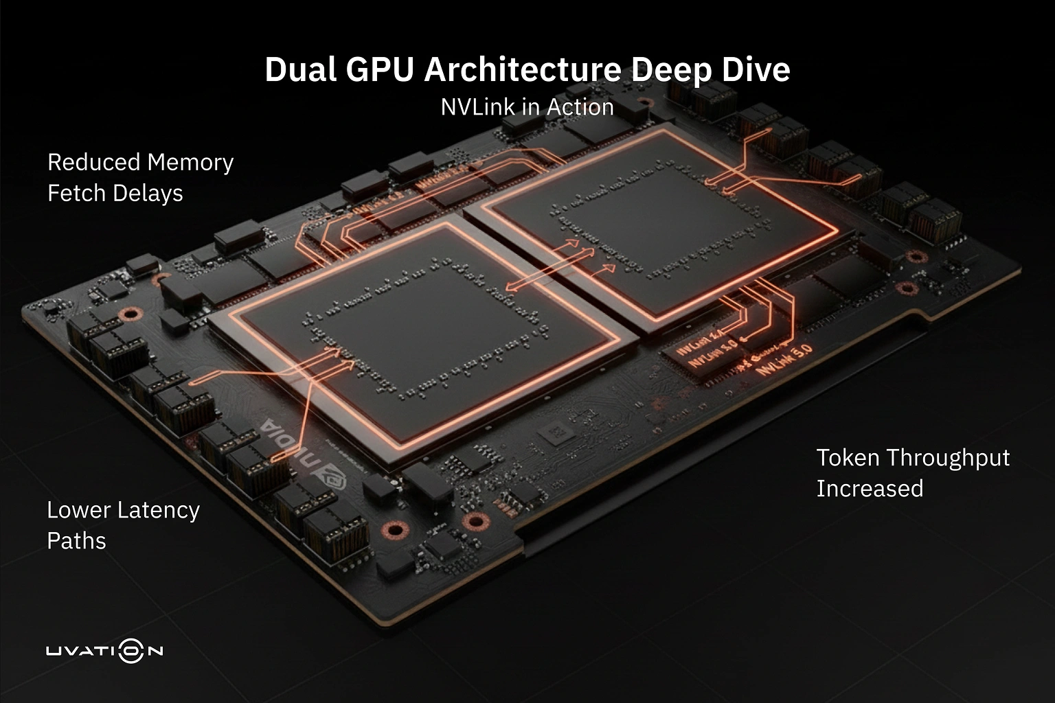 Dual-GPU NVLink board visualization showing reduced memory fetch delays, lower latency paths, and increased token throughput across GPUs