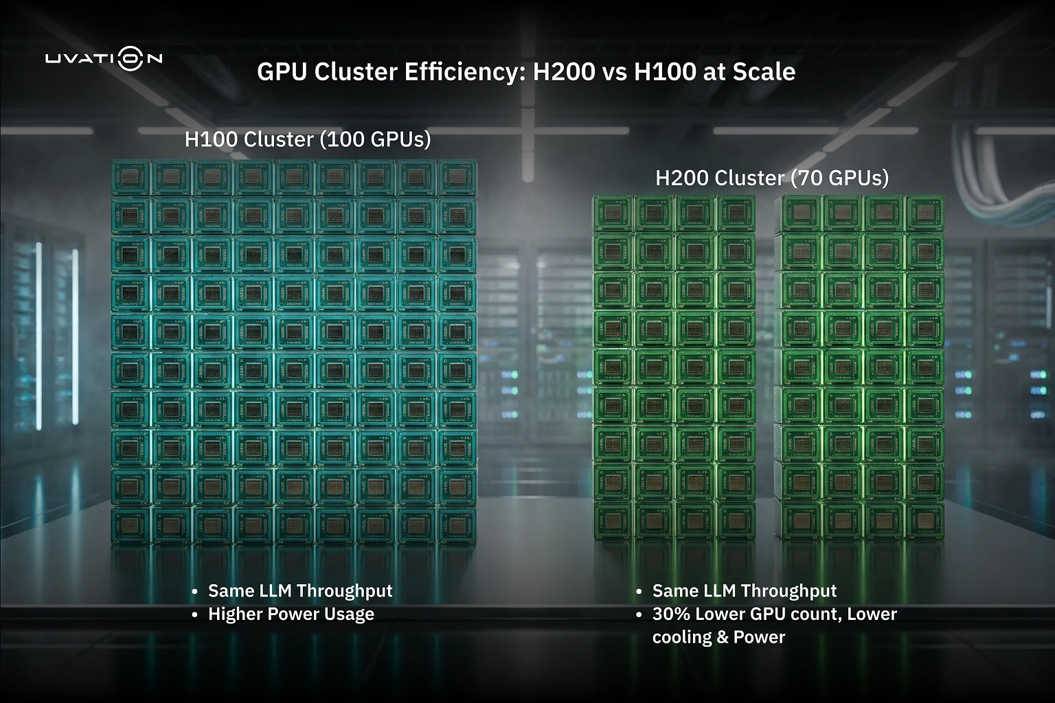 GPU cluster efficiency comparison showing 100 H100 GPUs versus 70 H200 GPUs delivering equal LLM throughput with lower power and cooling.