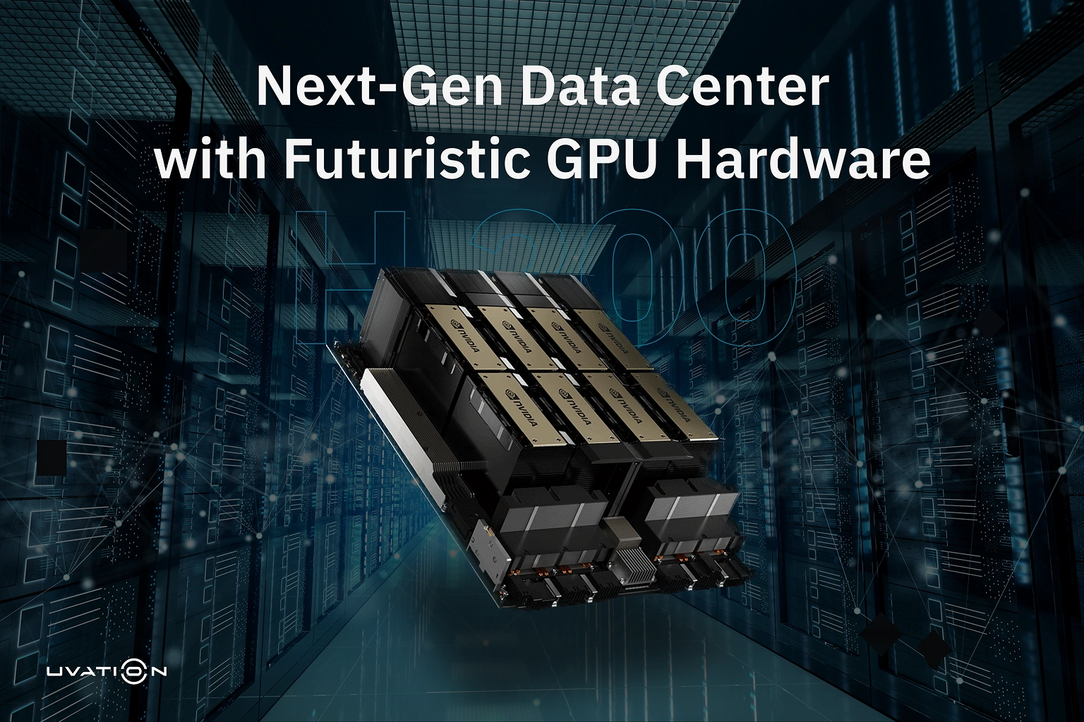 Futuristic data center visualization featuring NVIDIA H200 GPUs deployed at scale showing next-gen infrastructure.