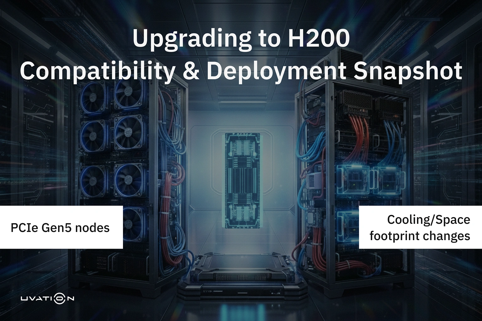 Data center upgrade snapshot illustrating H200 compatibility with PCIe Gen5 nodes and changes in cooling and space footprint.
