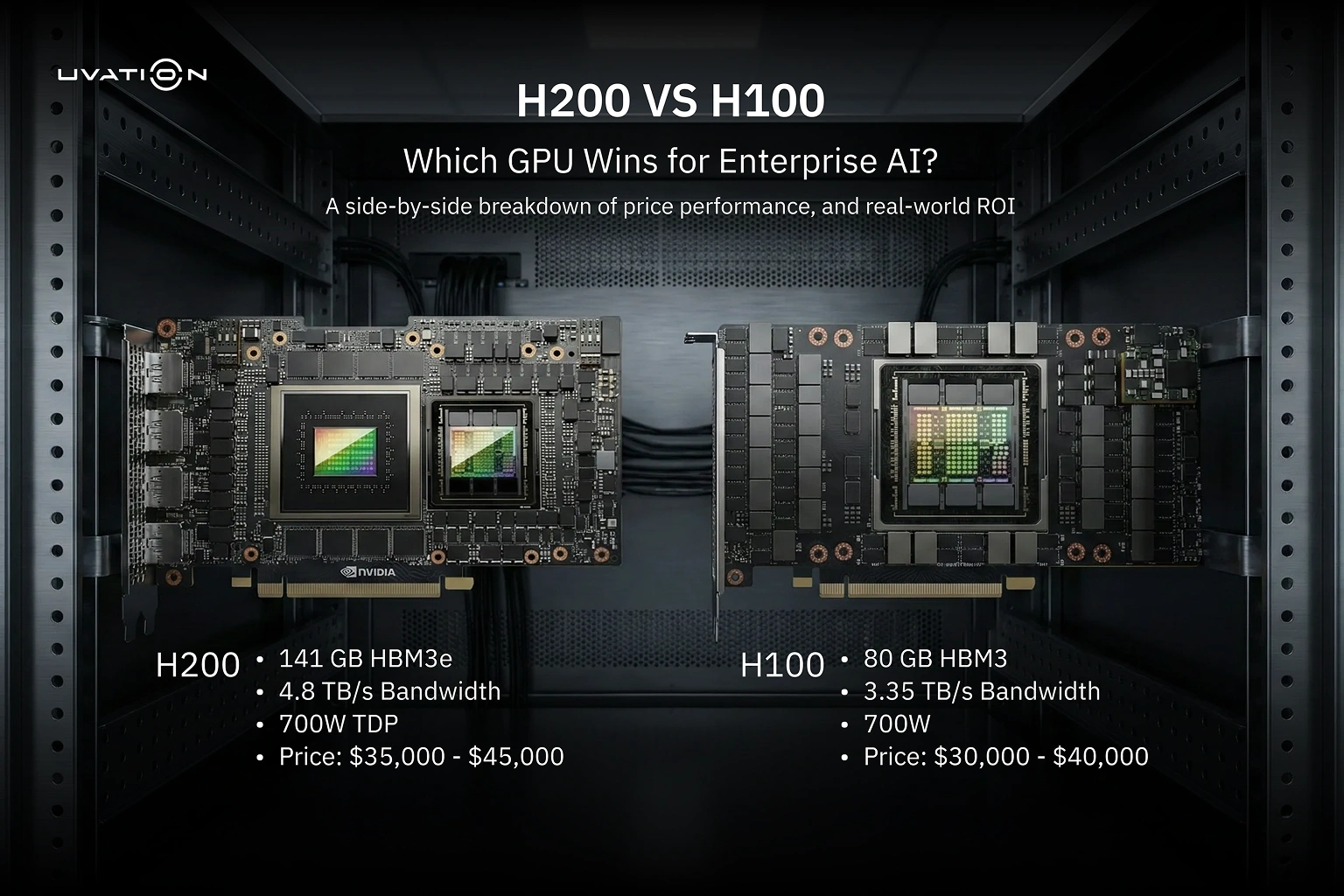 Side-by-side NVIDIA H200 and H100 GPUs mounted in a server rack with memory, bandwidth, power, and pricing specifications.