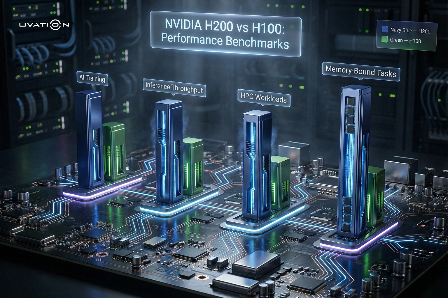 NVIDIA H200 vs H100 performance benchmark visualization comparing AI training, inference throughput, HPC, and memory-bound workloads.