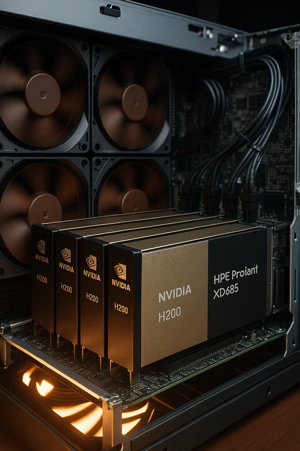 Air-cooled HPE server with NVIDIA H200 GPUs shown in operational setup