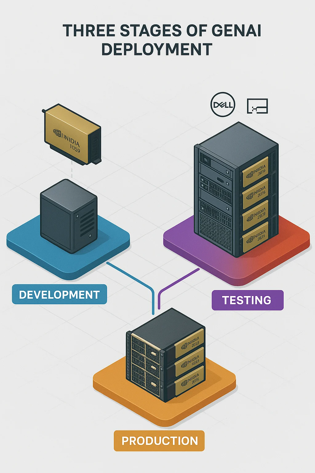 Isometric diagram showing GenAI development, testing, and production stages with corresponding servers.