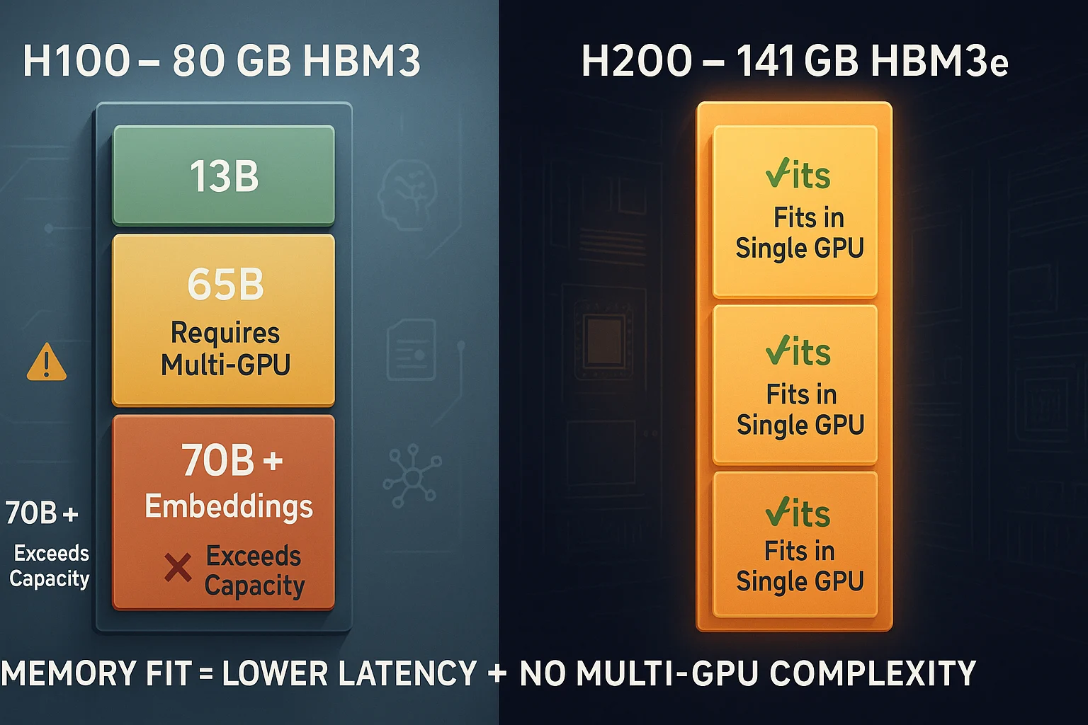 Comparison heatmap showing how LLM sizes fit into H100 vs H200 GPU memory, with visual indicators for single-GPU fit and multi-GPU splits.