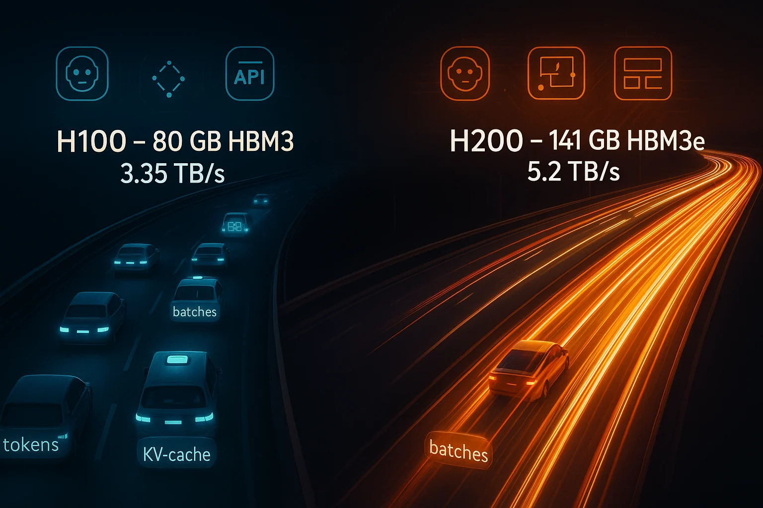 Visual metaphor showing H100 memory as a congested road and H200 memory as a high-speed data expressway, emphasizing bandwidth impact on AI workloads.