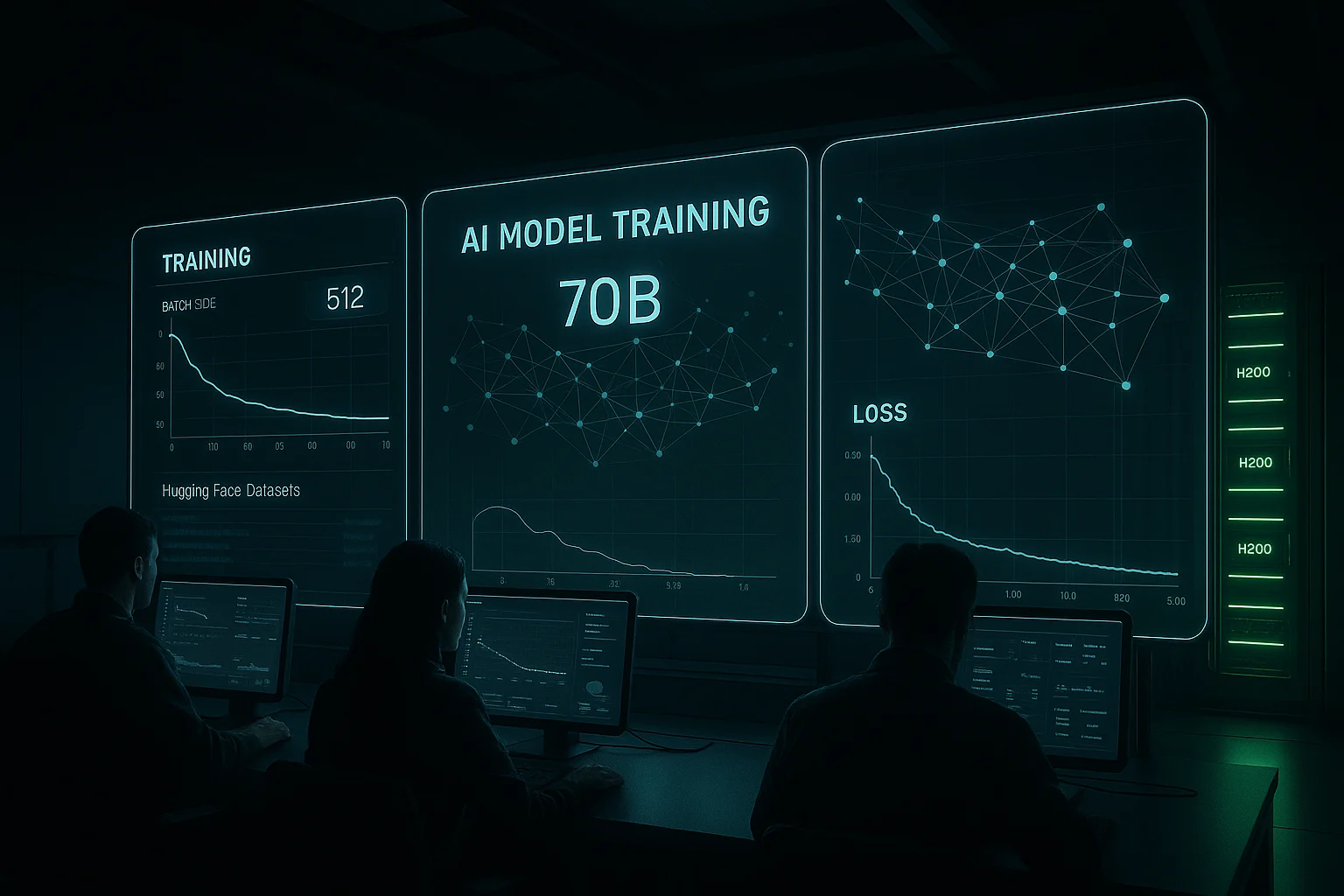 AI lab with H200 servers training large models on Hugging Face