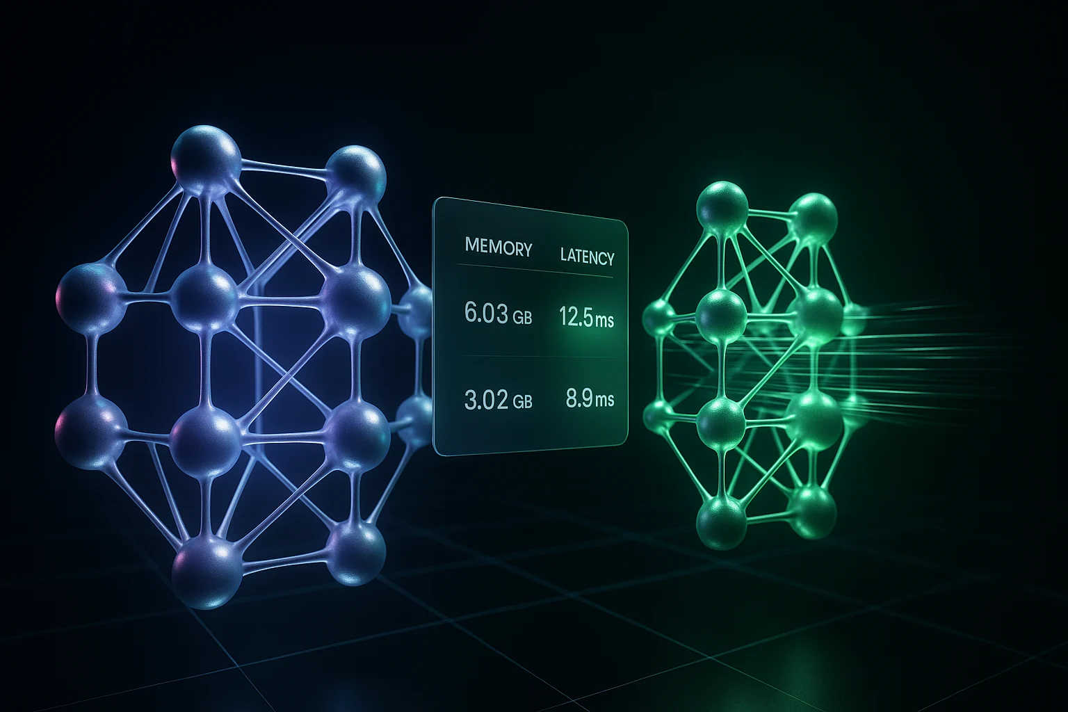 Side-by-side neural networks visualizing FP16 and FP8 precision modes with memory and latency overlays in digital space