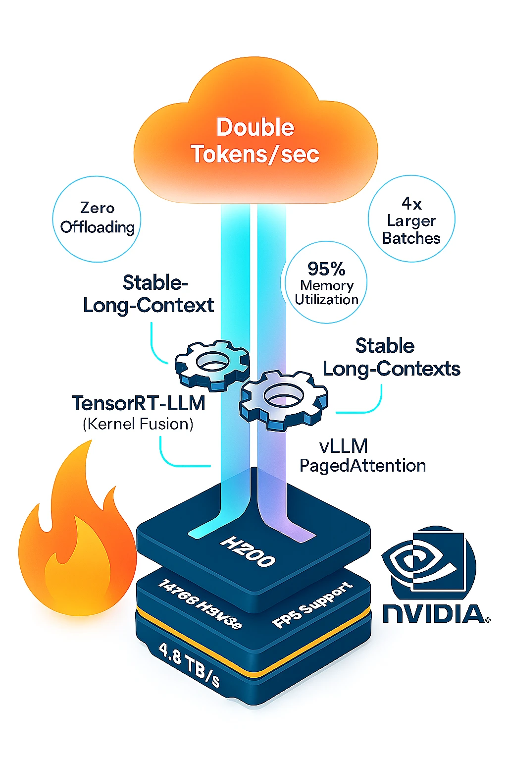 Layered 3D diagram showing how H200 hardware and software stacks synergize to boost Llama2 70B performance, including memory, bandwidth, and FP8 optimizations.