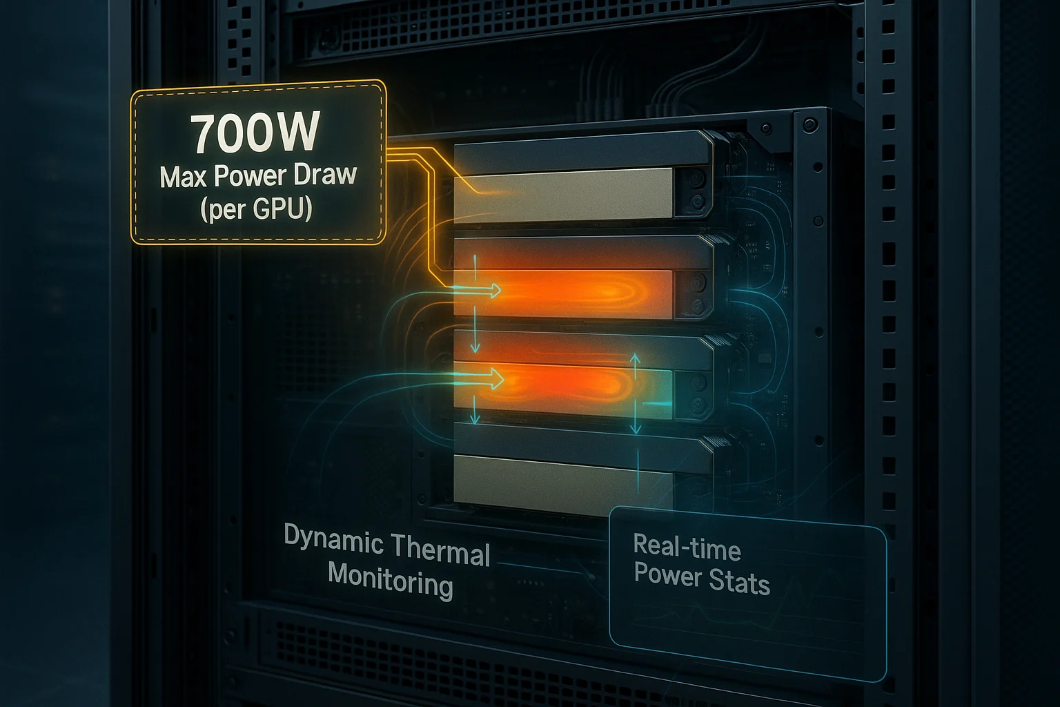 A Visual Representation of an NVIDIA H200 GPU Rack with Overlays Highlighting Power and Thermal Management NVIDIA H200 GPU rack with overlays highlighting 700W power draw and dynamic thermal management for enterprise AI