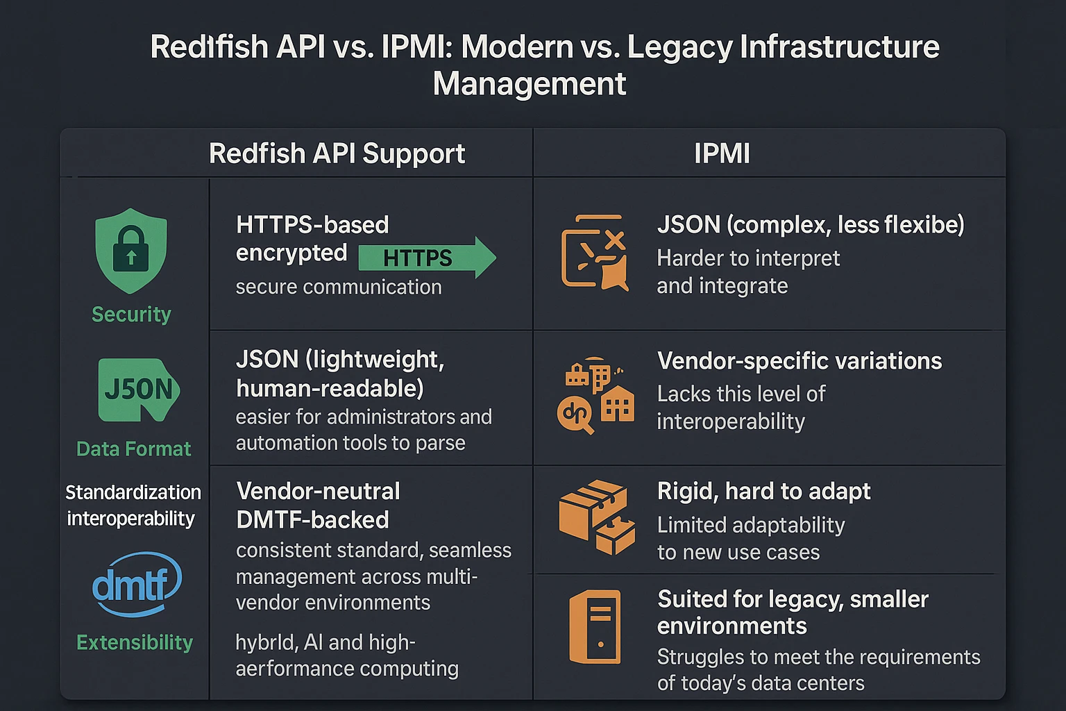 Comparison diagram: Redfish API (modern, secure, JSON) versus IPMI (legacy, plaintext, binary) for infrastructure management.