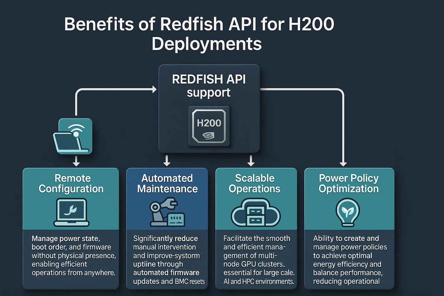 Benefits of Redfish API for NVIDIA H200 deployments, highlighting remote management, automation, scalability, monitoring.