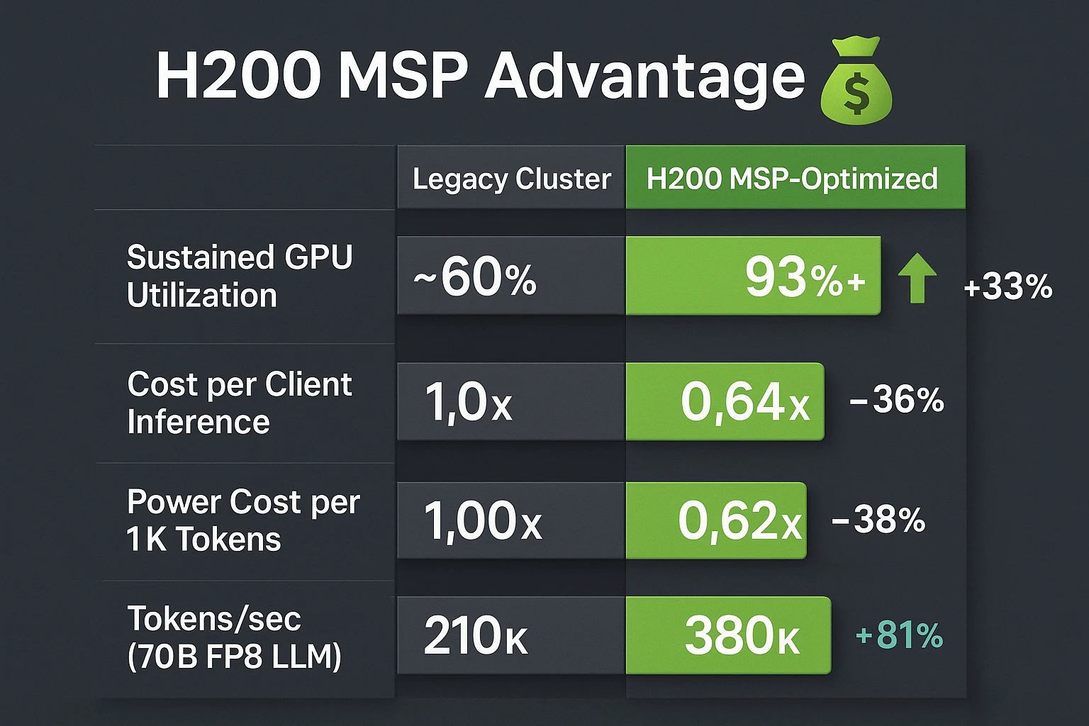 Comparative infographic showing H200 MSP-optimised cluster advantages over legacy in utilization, cost, and power
