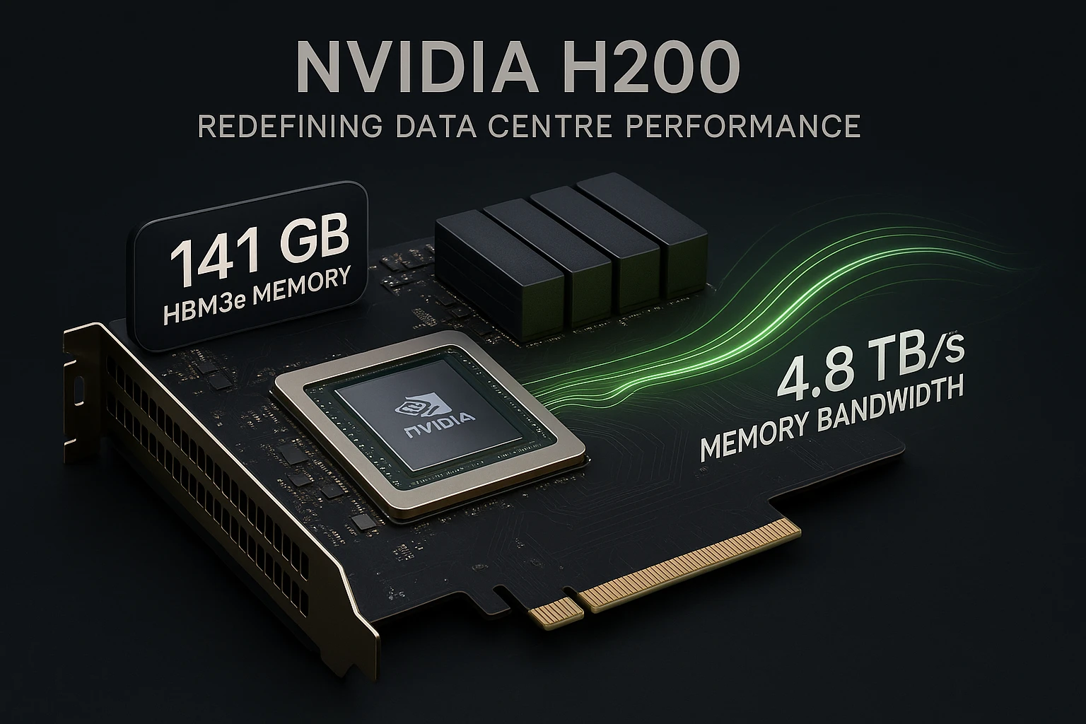 NVIDIA H200 GPU infographic showcasing 141GB HBM3e memory and 4.8TB/s bandwidth.