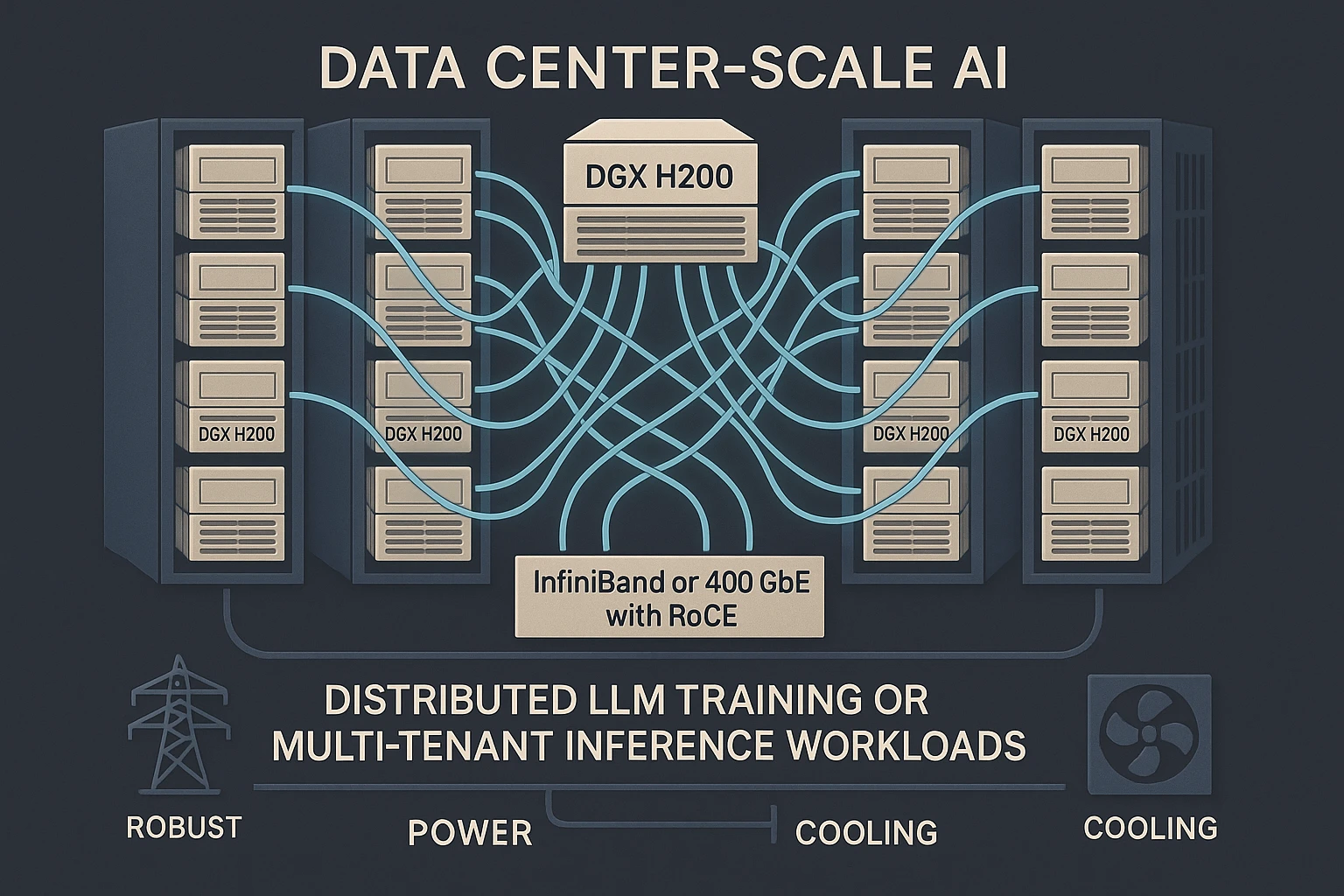 DGX H200 cluster visual: Multiple nodes interconnected by high-speed networks for data center-scale AI.