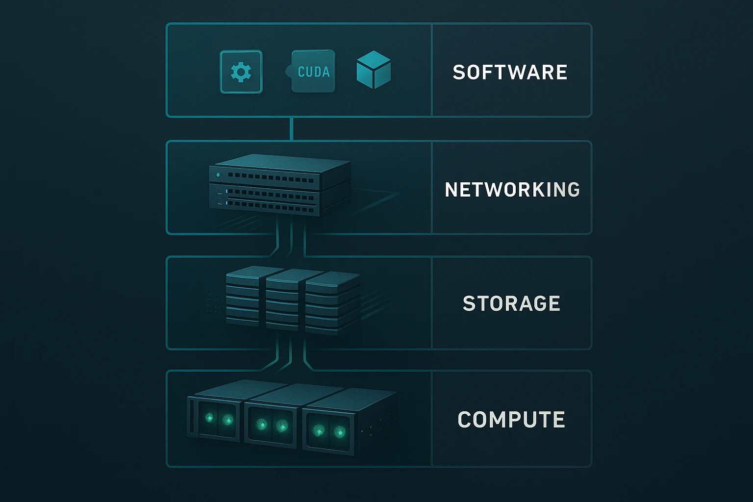 NVIDIA DGX BasePOD's four architectural pillars: Compute, Networking, Storage, and Software for unified AI.