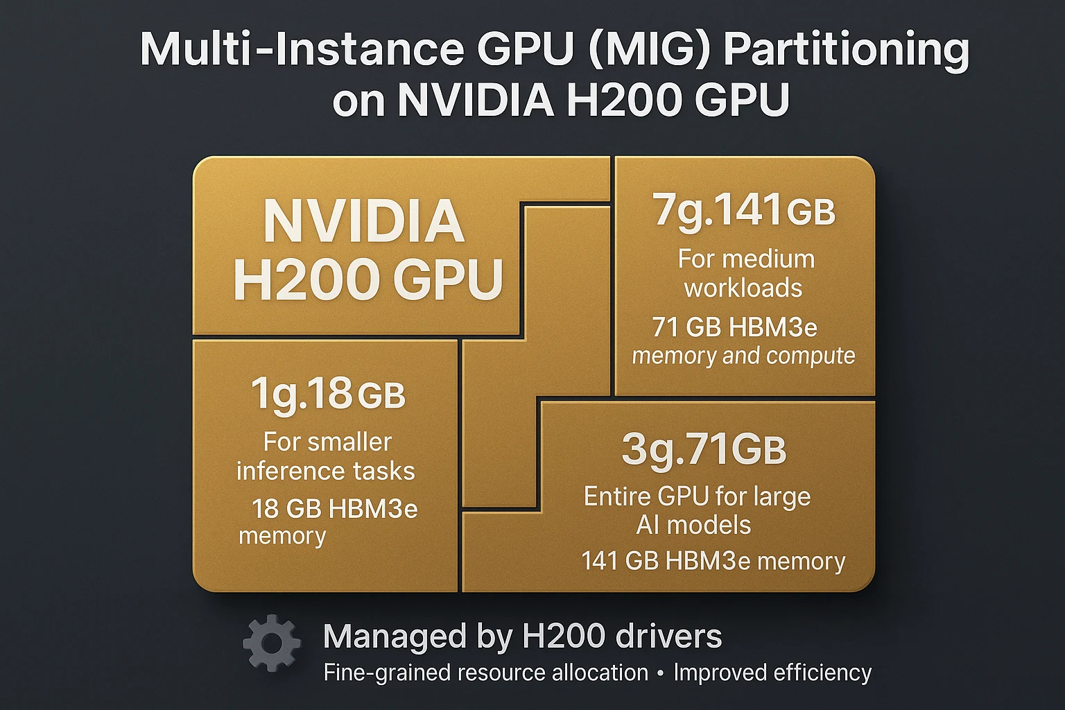 NVIDIA H200 GPU divided into driver-managed MIG instances (1g.18gb, 3g.71gb, 7g.141gb) for resource efficiency