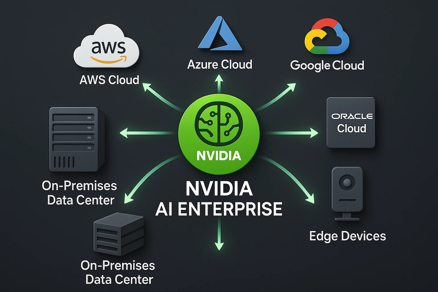 Illustration of NVIDIA AI Enterprise seamlessly managing AI applications across hybrid cloud environments