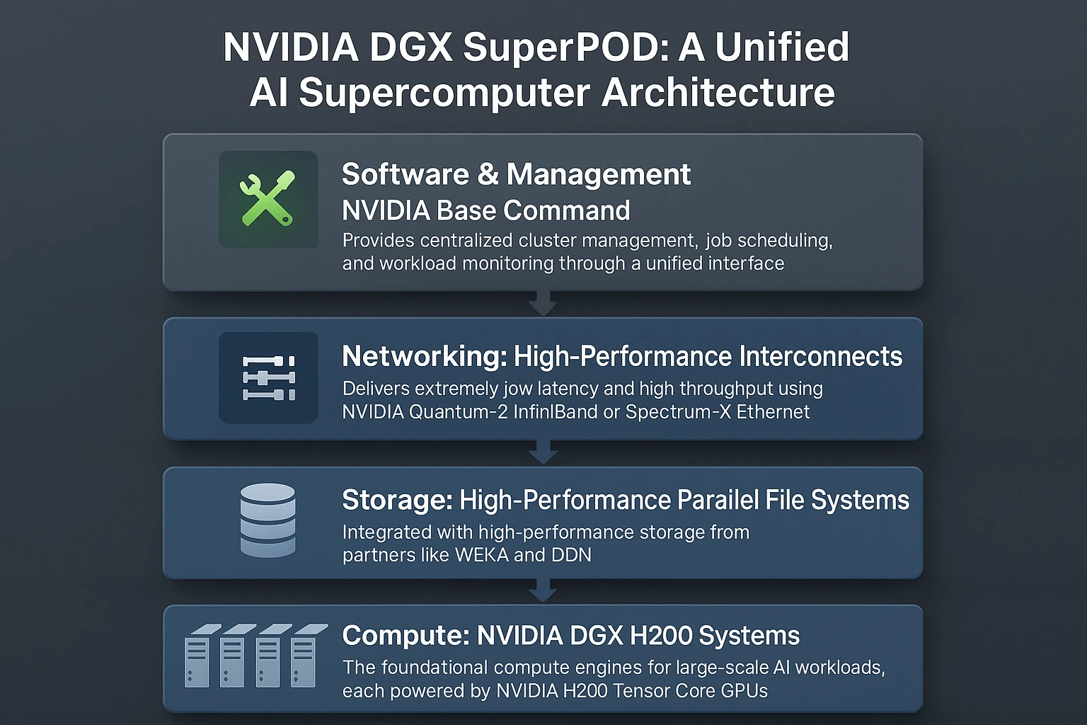 An architecture diagram of the NVIDIA DGX SuperPOD, showing its four integrated layers: compute, networking, storage, and software