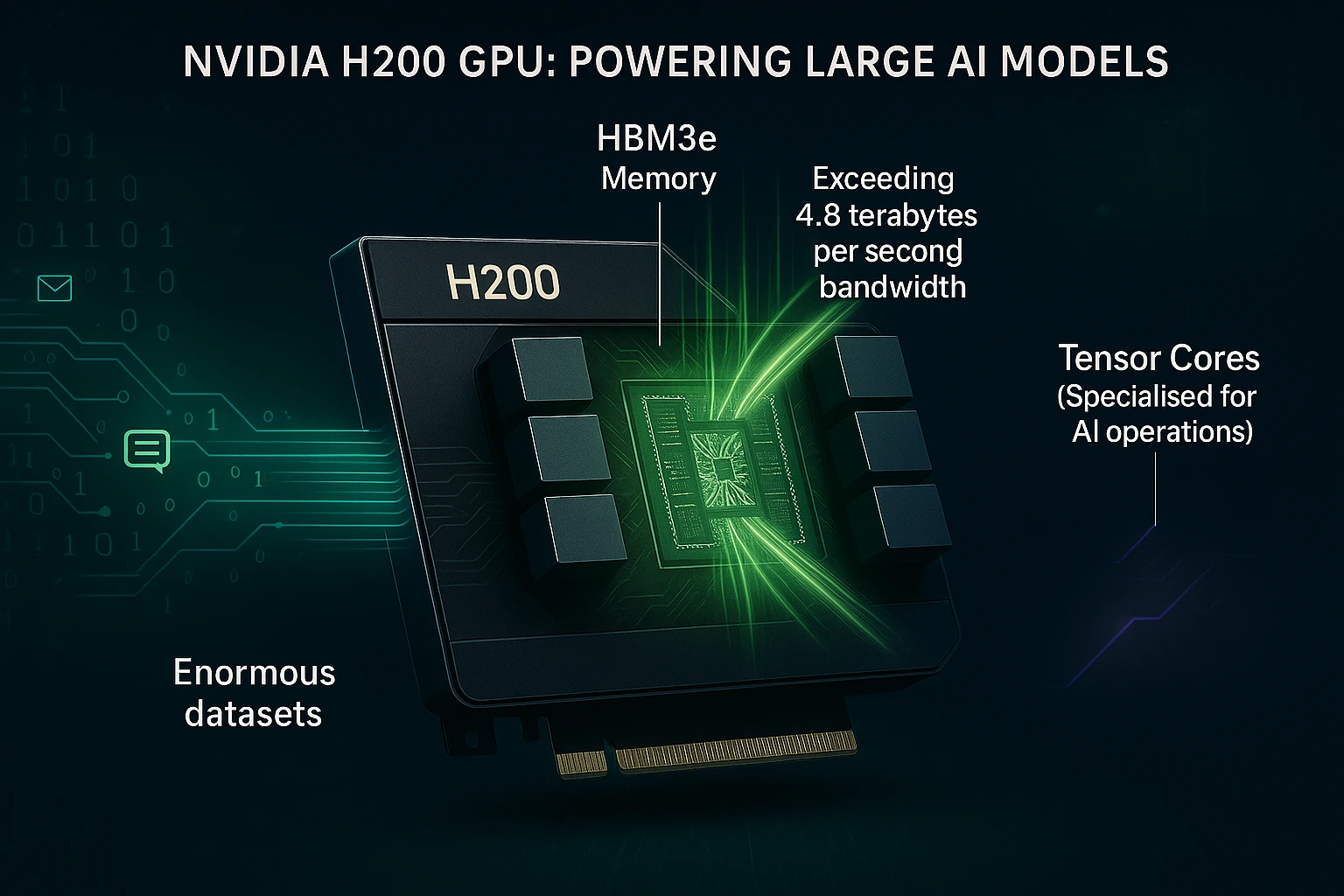 Detailed diagram of NVIDIA H200 GPU, showing HBM3e memory and high bandwidth for large AI