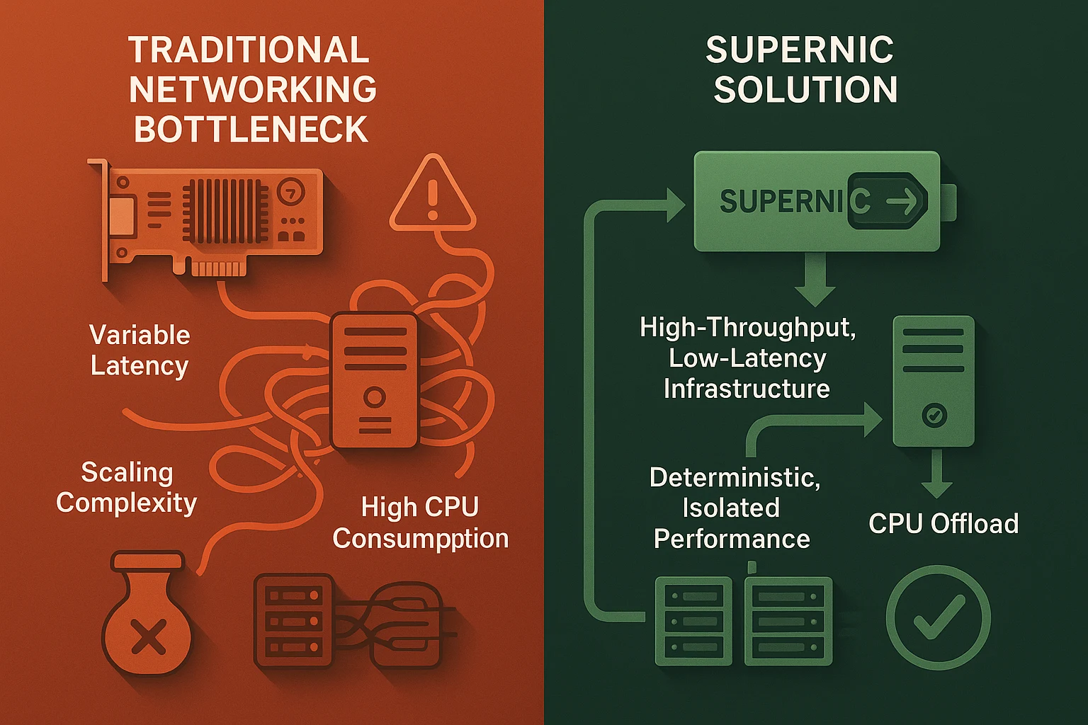Guide for a visual depicting AI networking bottleneck (traditional NICs) and its resolution by NVIDIA SuperNICs