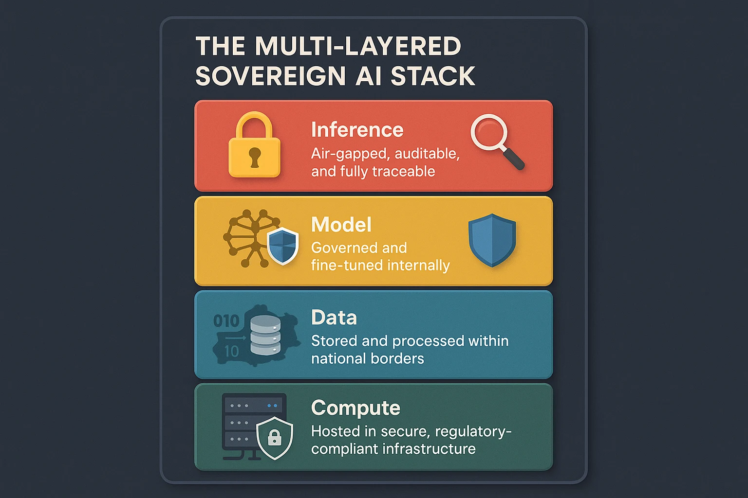 Layered infographic illustrating a Sovereign AI stack, showing national control over compute, data, model, and inference.