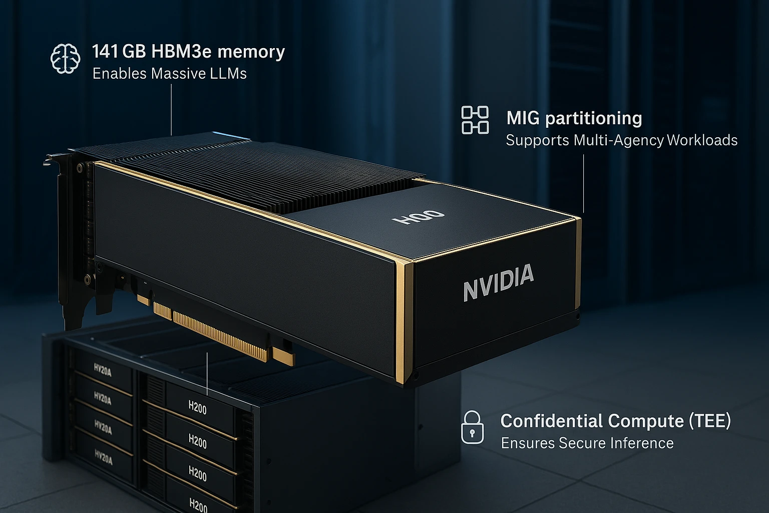 NVIDIA H200 GPU in a secure data centre, showcasing its sovereign AI capabilities for large models and secure inference