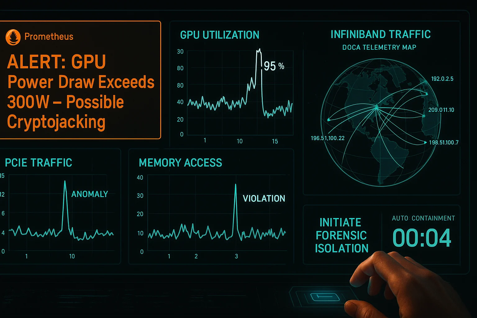 A real-time GPU security dashboard showing anomalous telemetry alerts and DOCA-powered network threat traces, enabling forensic response.