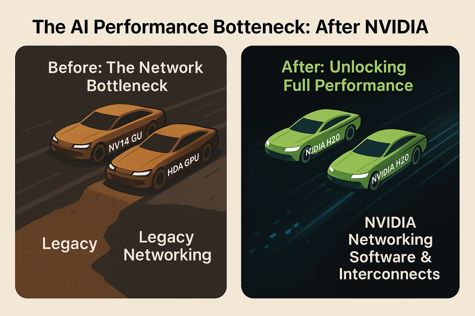Two panels compare GPU performance. First, GPUs are stuck in a network traffic jam. Second, they move freely