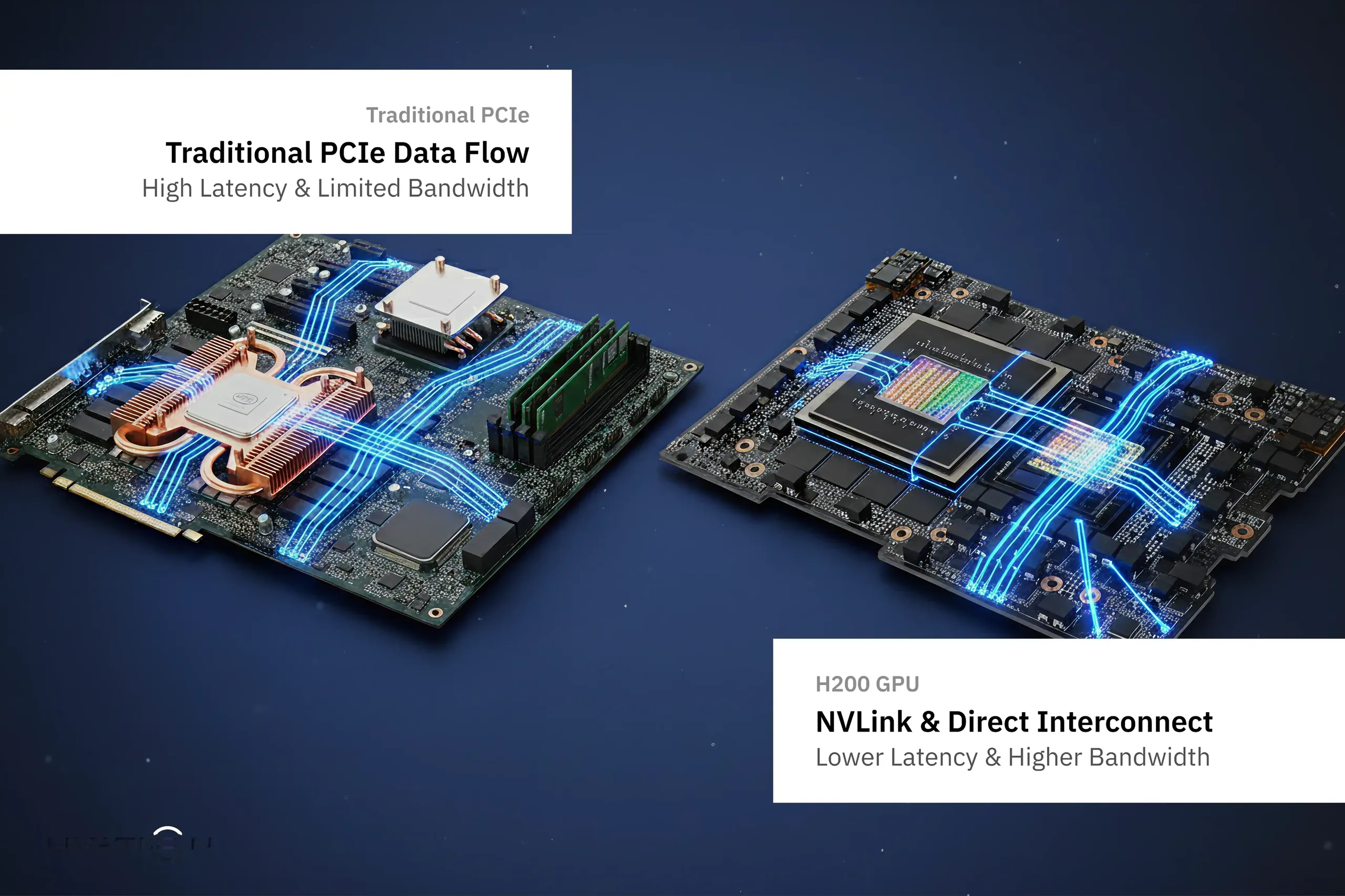Comparison: Slow PCIe routing through CPU versus fast, direct NVLink GPU communication