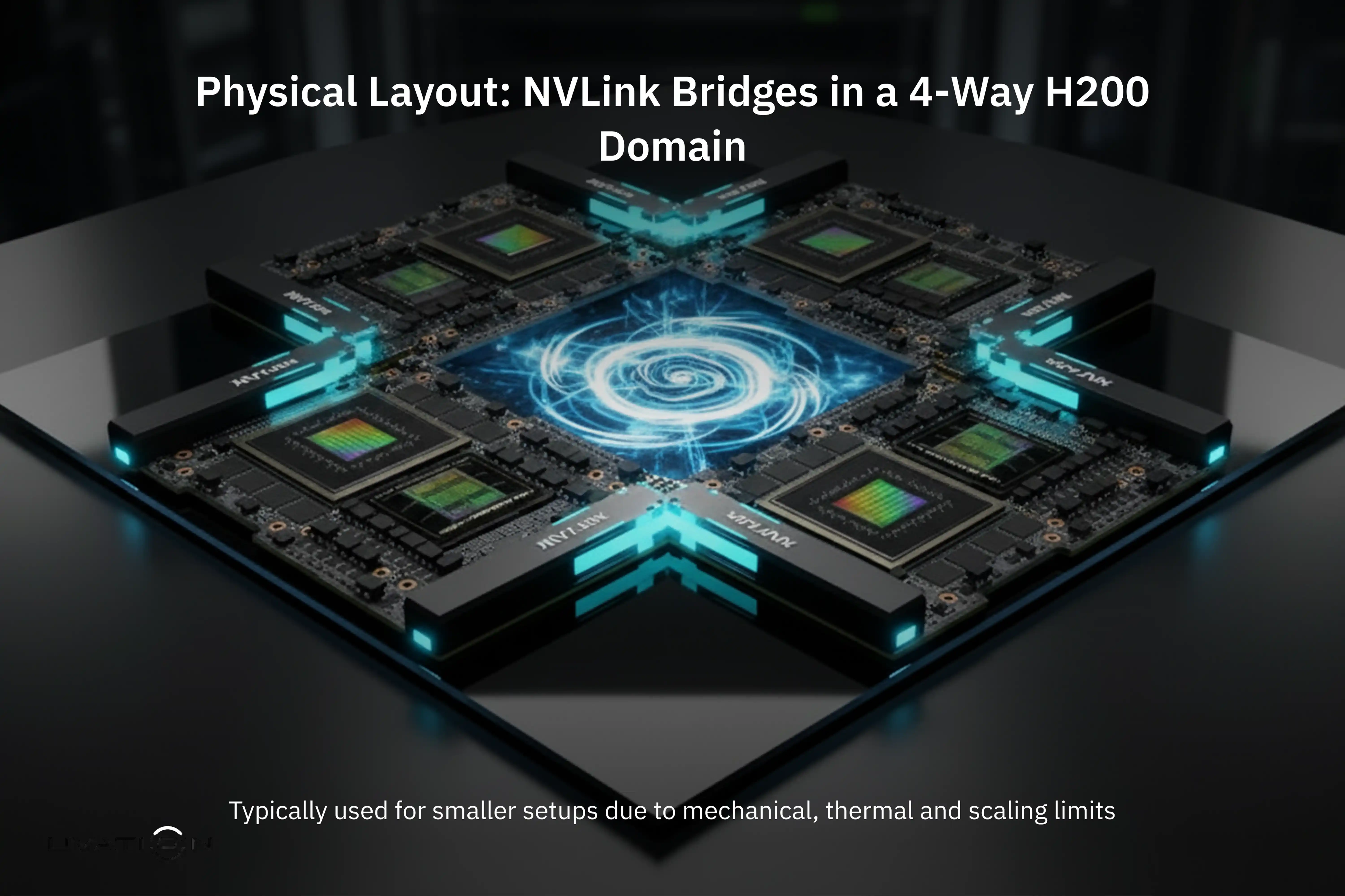 Four H200 GPUs linked by NVLink Bridges in a 4-way mesh, achieving 1.8 TB/s bandwidth
