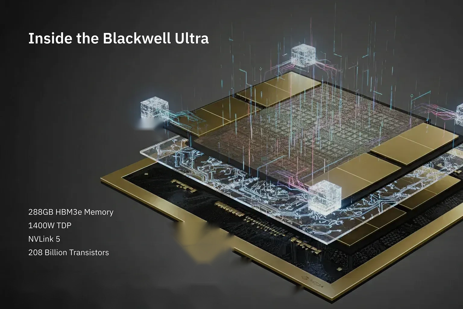 Exploded-view diagram of a B300 GPU highlighting its cooling system, HBM3e memory, and high-speed NVLink 5 interface.