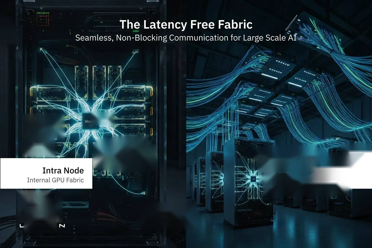 Split-screen architectural map comparing internal GPU fabric with external network topology via a central data speedometer.